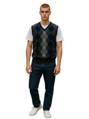 Axist Mens Y2K Sweater Vest Gray Size L Preppy Academia Argyle Classic Old Money